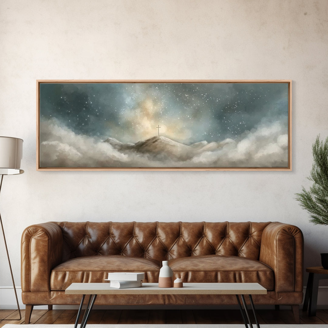 Starlit Redemption | Framed Canvas Print | Christian Wall Art | Jesus Painting | Christian Art Print | Christmas Art | Panoramic Wall Art