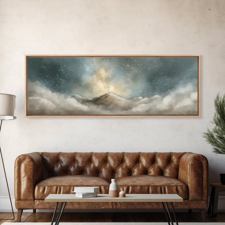 Starlit Redemption | Framed Canvas Print | Christian Wall Art | Jesus Painting | Christian Art Print | Christmas Art | Panoramic Wall Art