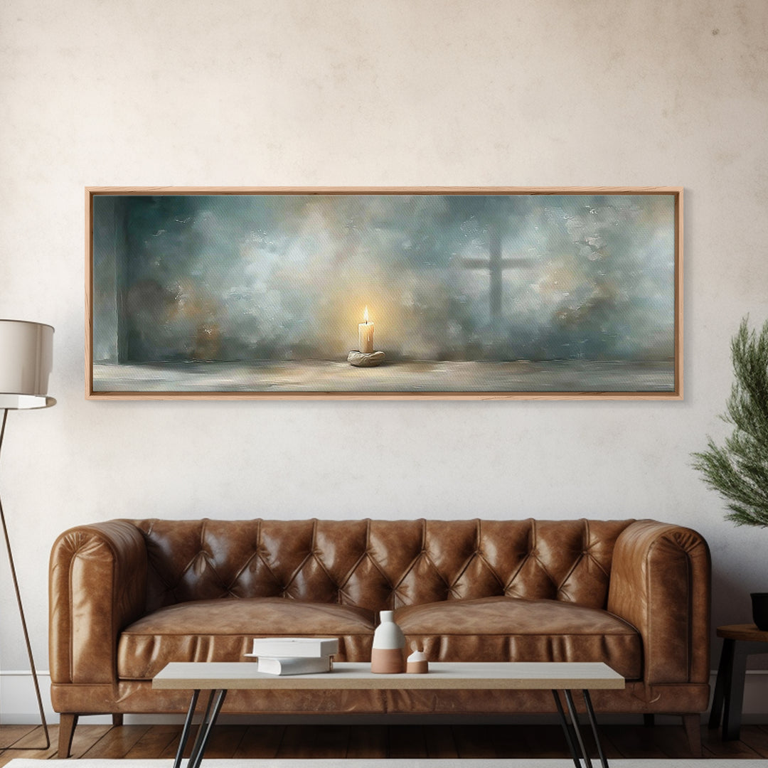 Sanctuary Flame – Framed Canvas Print – Panoramic Print – Christian Christmas Art – Christian Wall Art – Christian Art Canvas