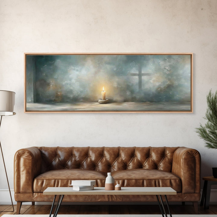 Sanctuary Flame – Framed Canvas Print – Panoramic Print – Christian Christmas Art – Christian Wall Art – Christian Art Canvas