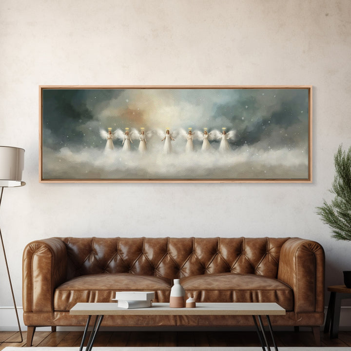 Angels Of Dawn, Framed Canvas Print, Christian Wall Art, Panoramic Art, Christian Christmas Art, Christian Art Canvas