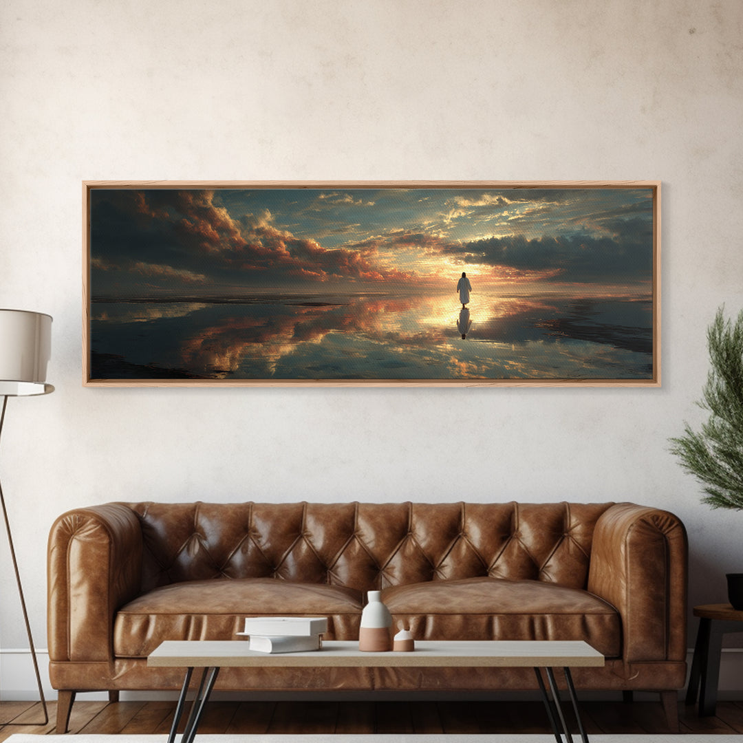 Radiant Horizon Walk, Framed Canvas Print, Jesus Wall Art, Panoramic Art, Christian Art Canvas, Moody Christian Art