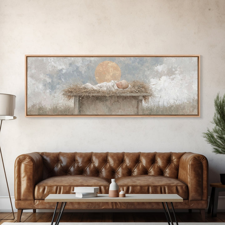 Radiant Manger Peace | Framed Canvas Print | Christian Christmas Art | Christian Wall Art | Christmas Canvas Wall Art | Panoramic Art | Chr