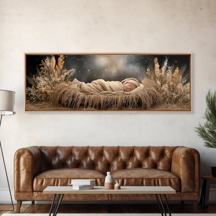 Starry Night Cradle, Framed Canvas Print, Christian Wall Art, Jesus Christmas Art, Christian Art Canvas, Panoramic Painting, Christian Chri