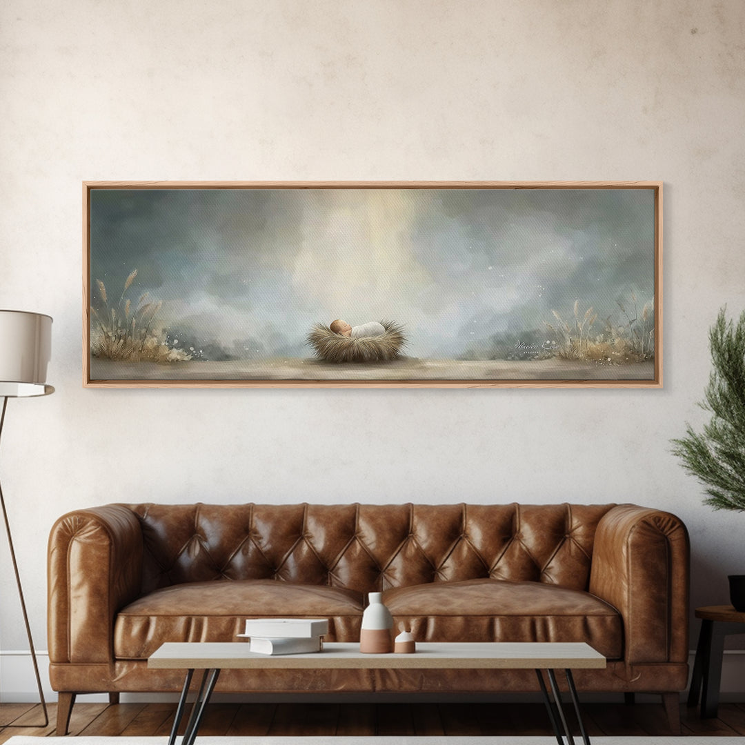 Heavenly Dawn Cradle – Framed Canvas Print – Christian Art – Panoramic Wall Art – Christian Christmas Art – Christian Art Canvas – Christma