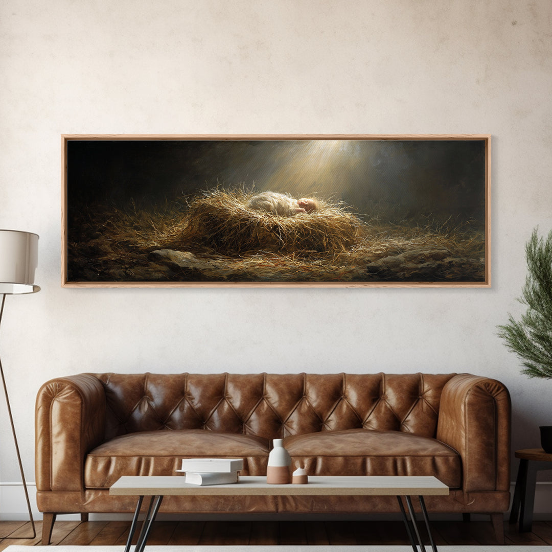 Holy Night Radiance, Framed Canvas Print, Christian Christmas Art, Jesus Painting, Panoramic Art, Christian Wall Art, Christian Art Canvas,