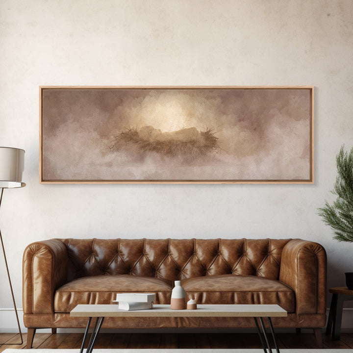 Celestial Manger Mist | Framed Canvas Print | Christian Art | Panoramic Wall Art | Christian Christmas Art | Jesus Art Print | Christmas Ca