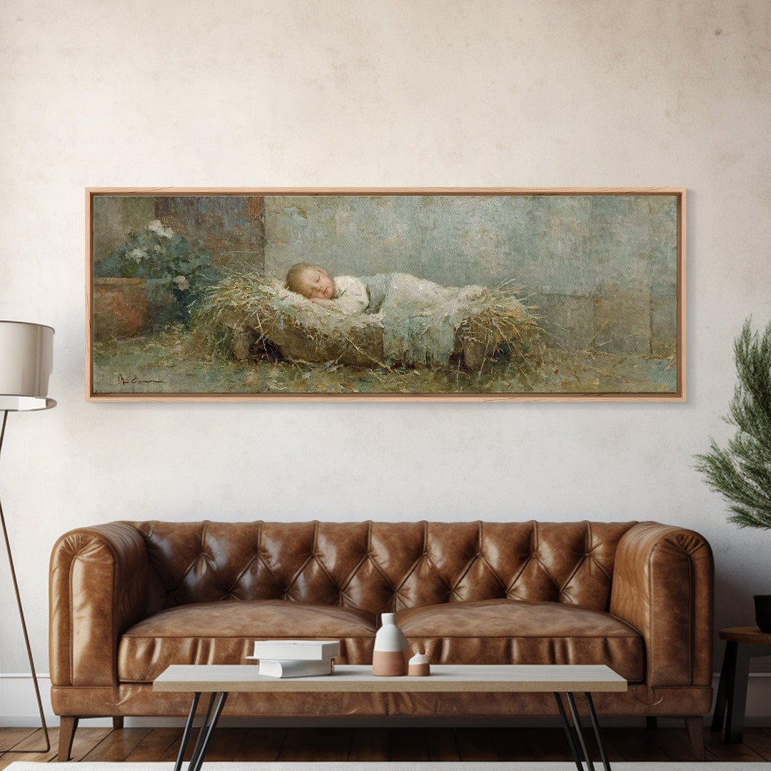 Quiet Stable Grace, Framed Canvas Print, Christian Art Canvas, Christian Wall Art, Panoramic Painting, Christian Christmas Art, Jesus Chris