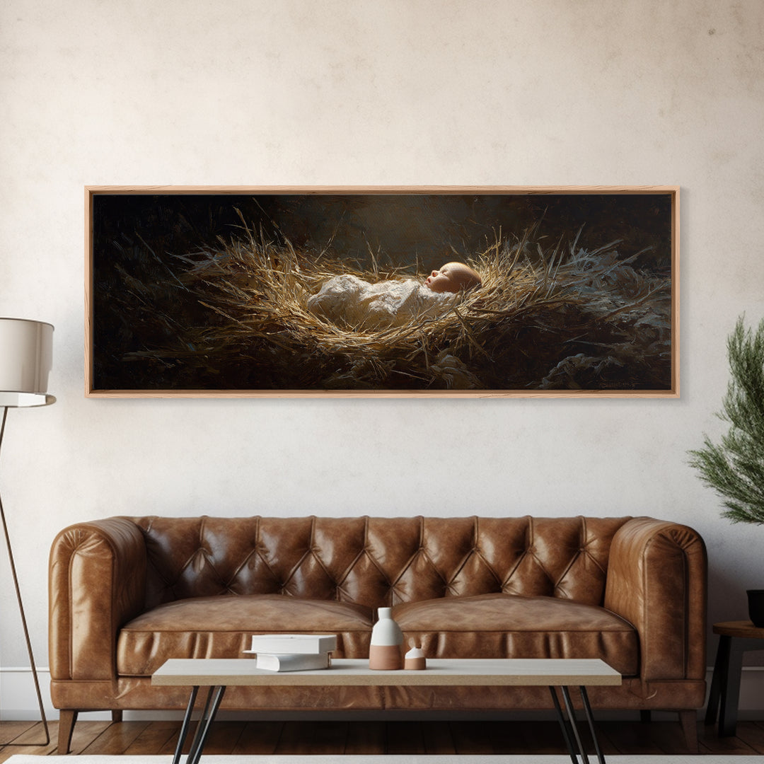 Divine Manger Glow – Framed Canvas Print – Christian Art Canvas – Panoramic Wall Art – Jesus Painting – Christian Christmas Art – Christian