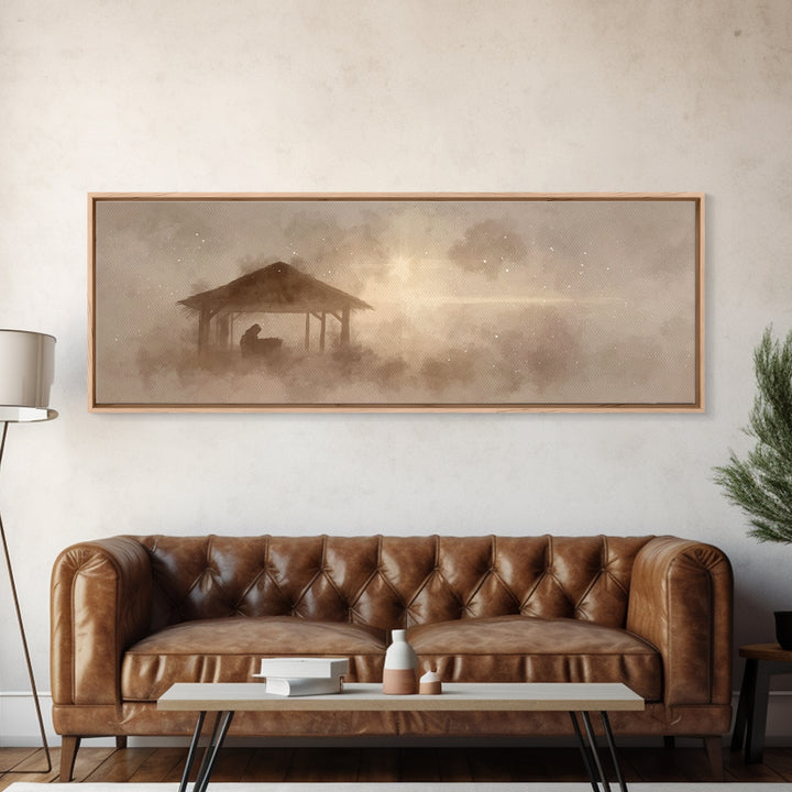 Holy Manger Dawn | Framed Canvas Print | Panoramic Wall Art | Christian Christmas Art | Jesus Art Print | Christian Wall Art | Christmas Ca