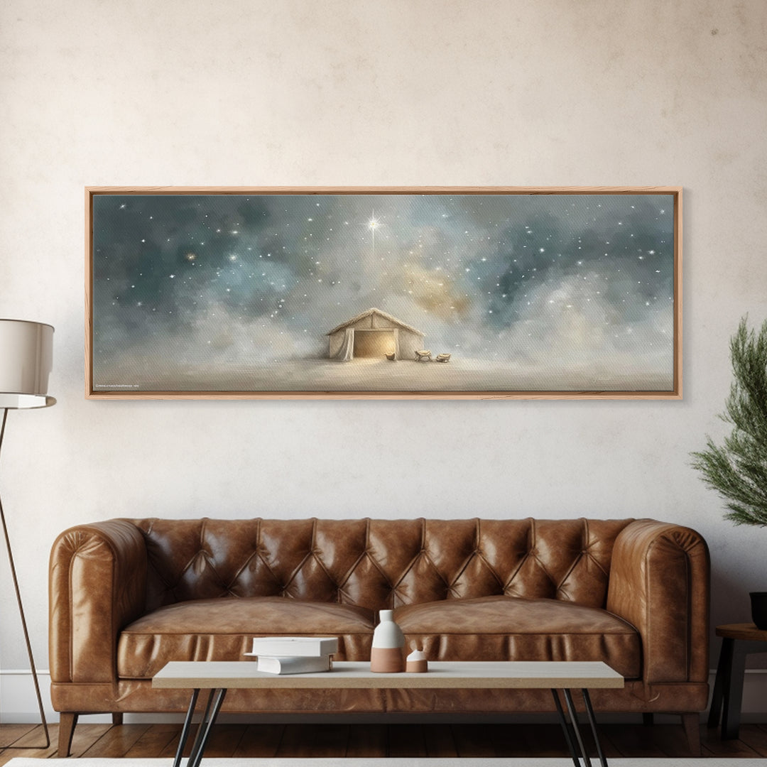 Silent Night Stable, Framed Canvas Print, Panoramic Painting, Christian Wall Art, Christmas Art, Christian Art Canvas, Christian Christmas