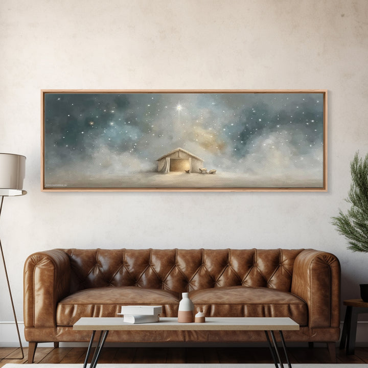 Silent Night Stable, Framed Canvas Print, Panoramic Painting, Christian Wall Art, Christmas Art, Christian Art Canvas, Christian Christmas