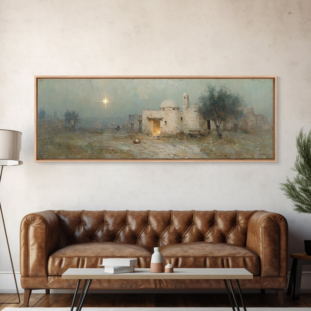 Bethlehem Evening Glow | Framed Canvas Print | Panoramic Painting | Christian Art Canvas | Christmas Wall Art | Christian Christmas Art | C