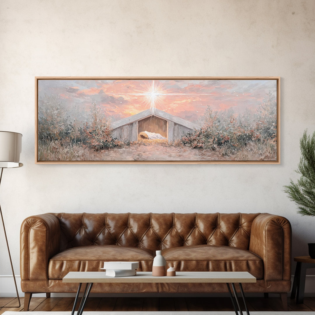 Manger Star Rising, Framed Canvas Print, Panoramic Art, Christian Wall Art, Christian Christmas Art, Jesus Art Print, Christmas Canvas Wall