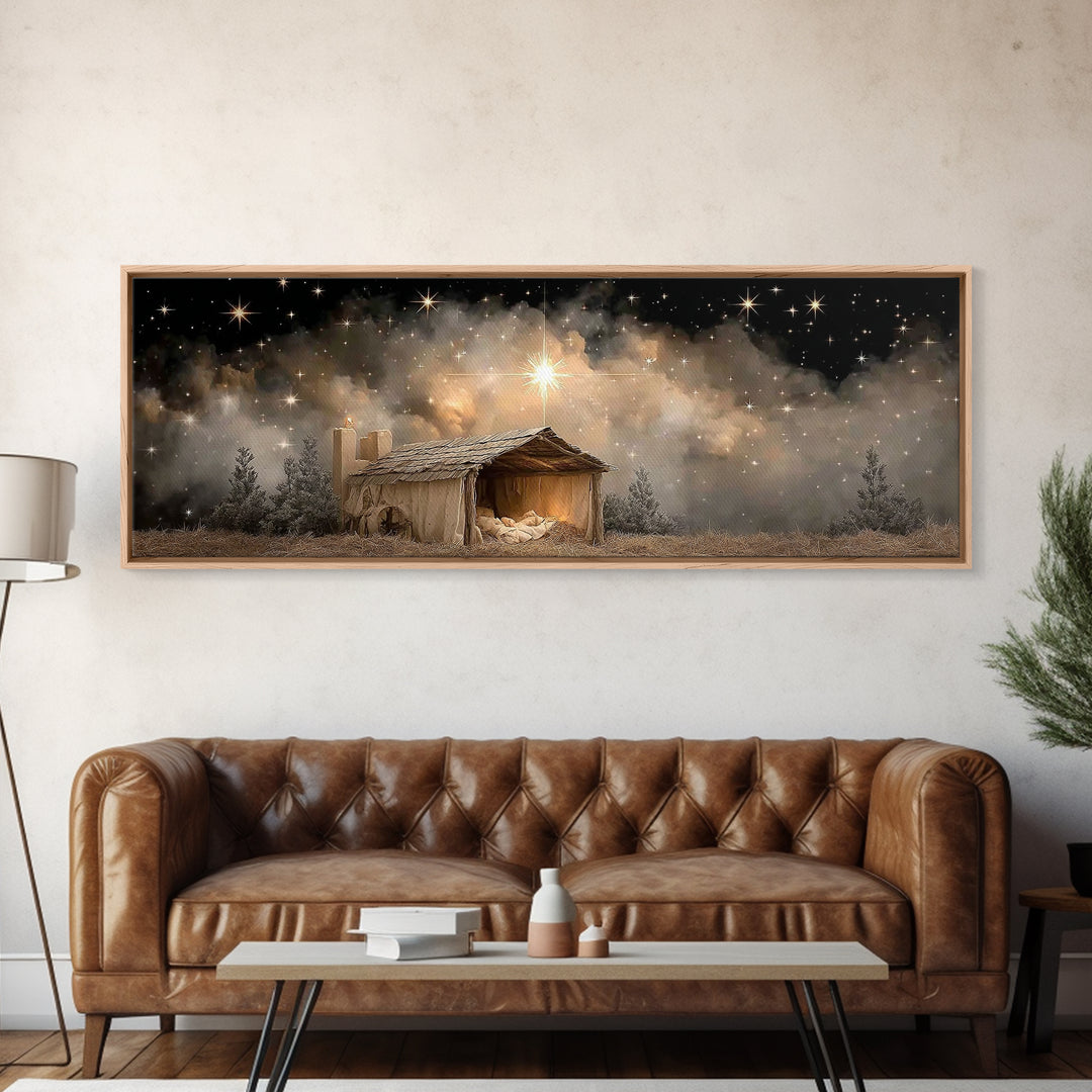 Starry Night Shelter – Framed Canvas Print – Panoramic Wall Art – Christmas Art – Christian Art Canvas – Christian Wall Art – Christian Chr