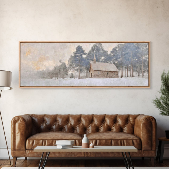 Winter Chapel Peace | Framed Canvas Print | Panoramic Art | Christian Wall Art | Christian Art Canvas | Christmas Art | Christian Christmas