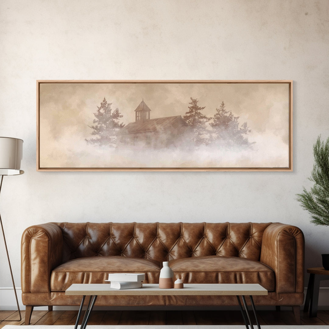 Foggy Chapel Stillness, Framed Canvas Print, Panoramic Frame, Christian Art Canvas, Christmas Art, Christian Wall Art, Christian Christmas
