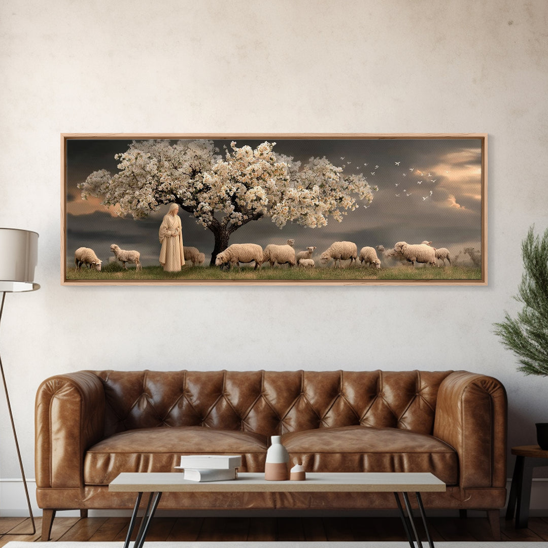 Gentle Orchard Calm, Framed Canvas Print, Christian Wall Art, Panoramic Painting, Jesus Art Print, Christian Christmas Art, Christian Canva