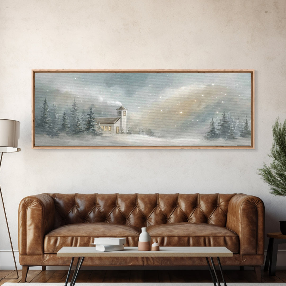 Snowy Chapel Light – Framed Canvas Print – Panoramic Painting – Christian Wall Art – Christmas Art – Christian Art Canvas – Christian Chris