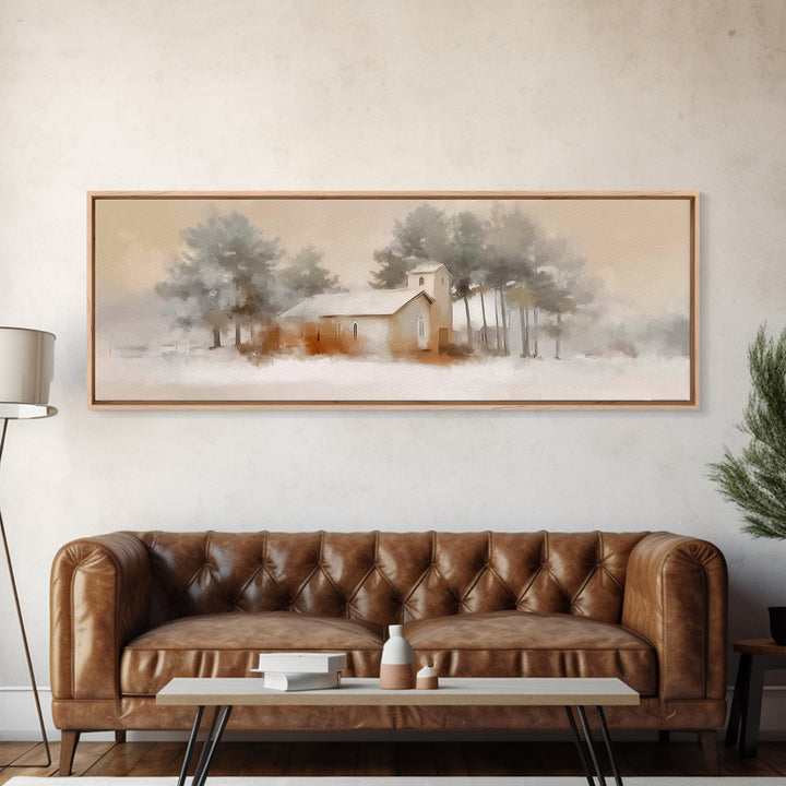 Silent Chapel Glow, Framed Canvas Print, Christian Wall Art, Christmas Canvas Wall Art, Christian Christmas Art, Panoramic Print, Christian