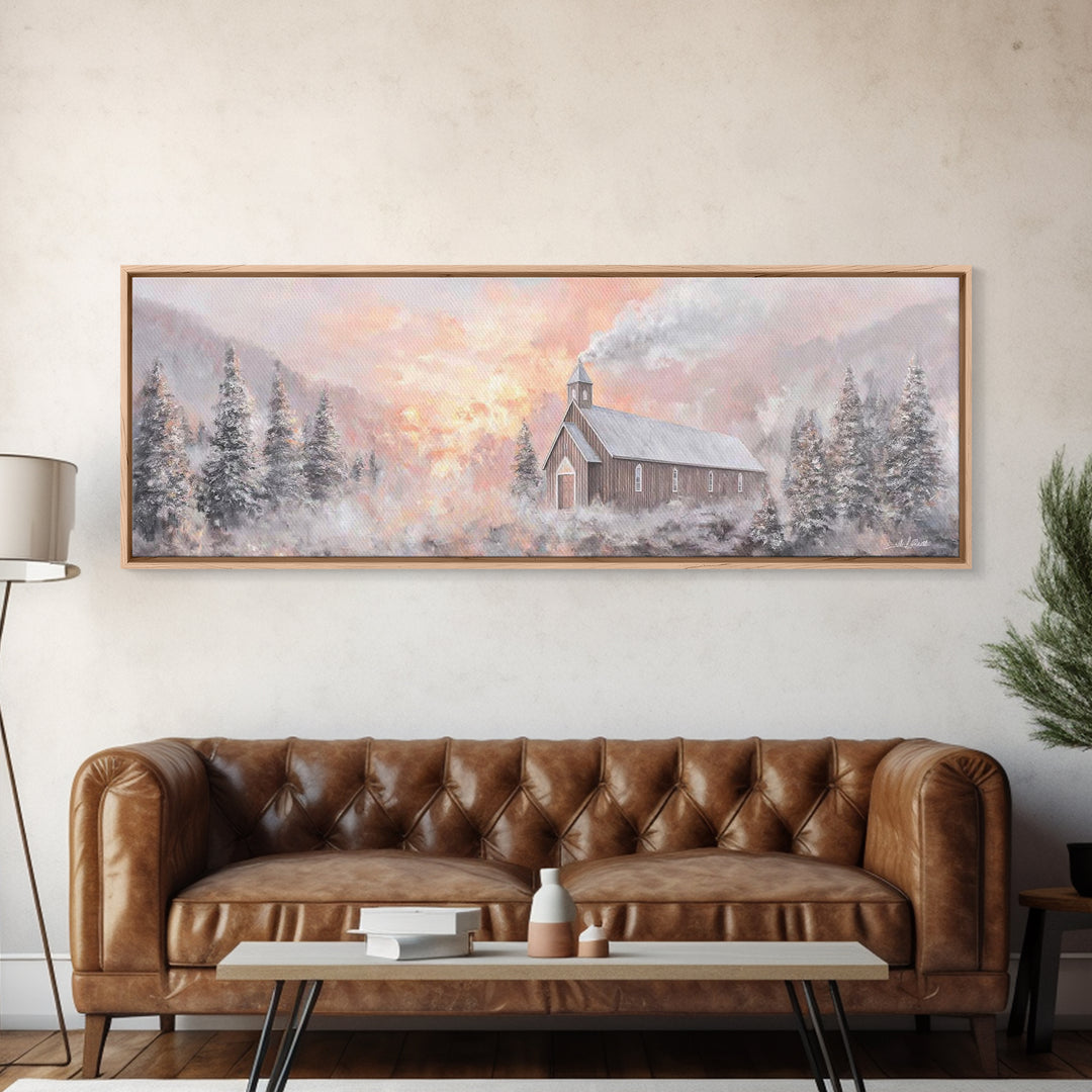Snowlit Church Dawn | Framed Canvas Print | Christian Wall Art | Christmas Art Work | Christian Christmas Decor | Panoramic Painting | Chri