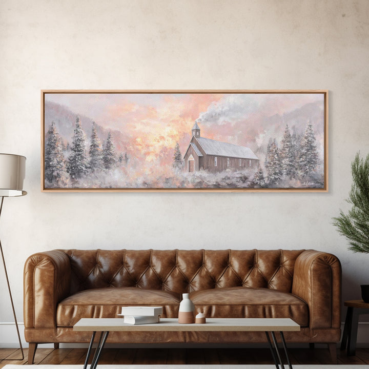 Snowlit Church Dawn | Framed Canvas Print | Christian Wall Art | Christmas Art Work | Christian Christmas Decor | Panoramic Painting | Chri