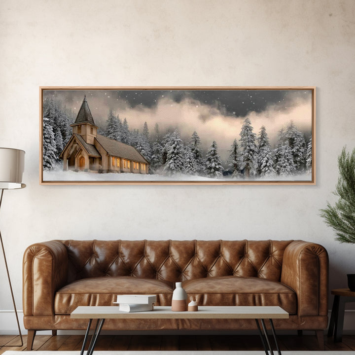 Midnight Chapel Light – Framed Canvas Print – Christian Wall Art – Framed Christmas Art – Christian Christmas Decorations – Panoramic Art –