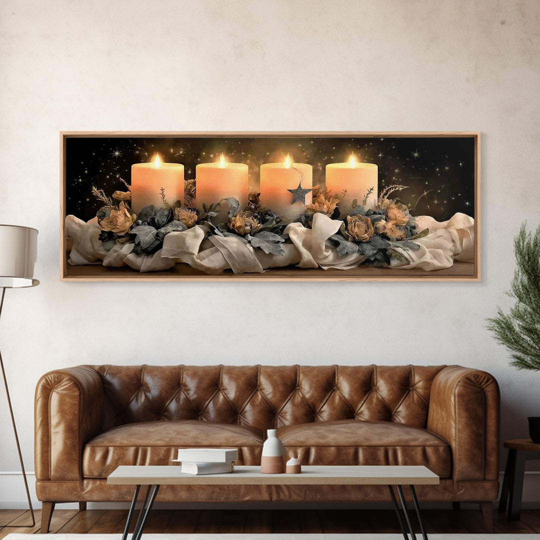 Heavenly Candle Light – Framed Canvas Print – Christian Wall Art – Christian Art Canvas – Christmas Art – Panoramic Art – Christian Christm