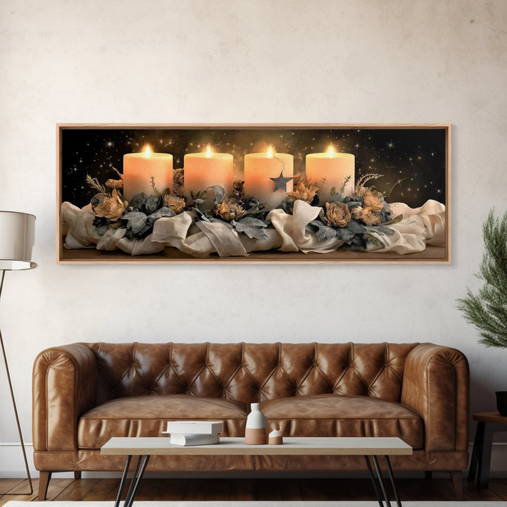 Heavenly Candle Light – Framed Canvas Print – Christian Wall Art – Christian Art Canvas – Christmas Art – Panoramic Art – Christian Christm