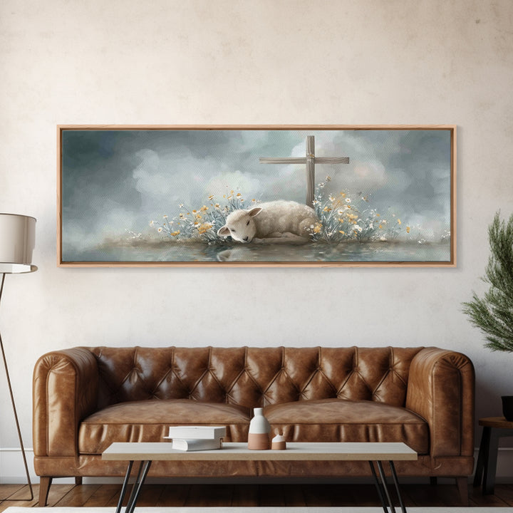 Gentle Lamb Peace, Framed Canvas Print, Christian Art Canvas, Panoramic Wall Art, Christian Painting, Christmas Art, Christian Gift Ideas