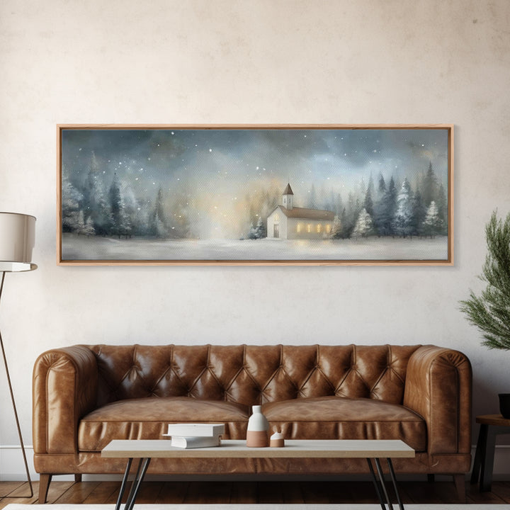 Winter Chapel Peace – Framed Canvas Print – Christian Wall Art – Panoramic Print – Christmas Art – Modern Christian Art – Christian Gift Id