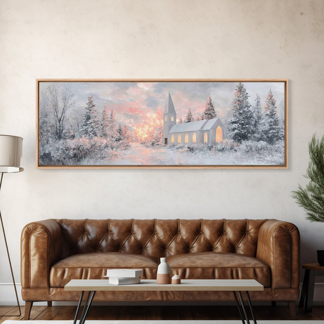 Radiant Winter Church, Framed Canvas Print, Christmas Wall Art, Christian Art Canvas, Moody Christmas Art, Panoramic Wall Art, Christian De