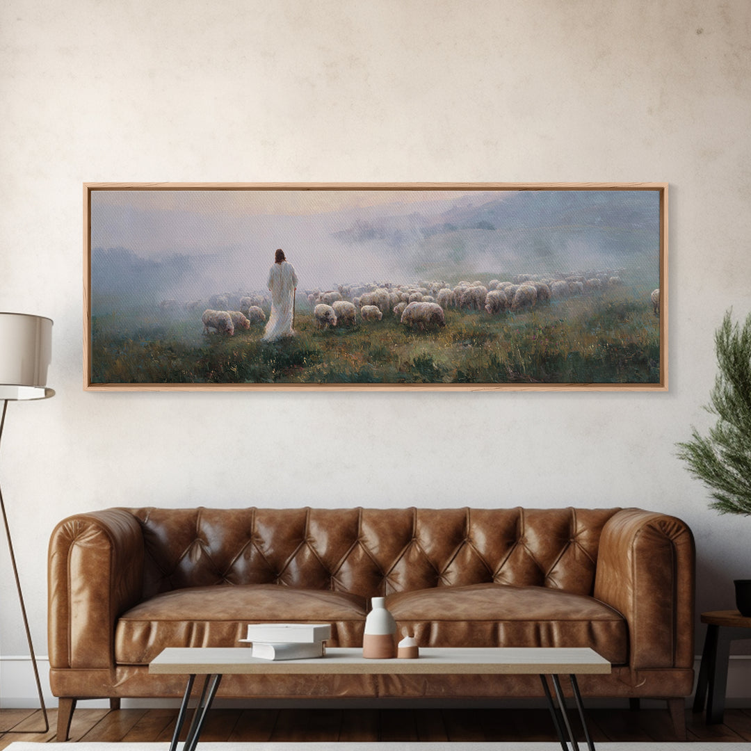 Morning Shepherd Peace, Framed Canvas Print, Jesus Painting, Christian Art Canvas, Pastoral Christian Art, Panoramic Art, Christian Gift Id