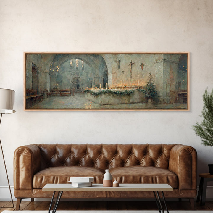 Glowing Chapel Stillness, Framed Canvas Print, Christmas Art Prints, Christian Wall Art, Panoramic Art, Christian Art Canvas, Christian Chr