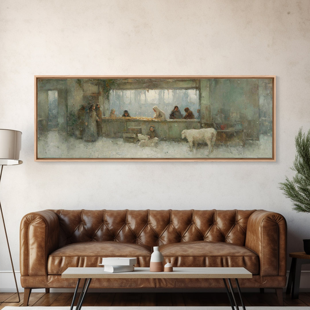 Silent Stable Light – Framed Canvas Print – Panoramic Art – Christian Wall Art – Christian Art Canvas – Christmas Art – Jesus Painting – Ch
