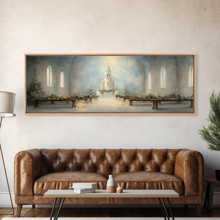 Quiet Church Reverence | Framed Canvas Print | Christian Art | Christmas Wall Art | Panoramic Painting | Christian Art Work | Christian Chr