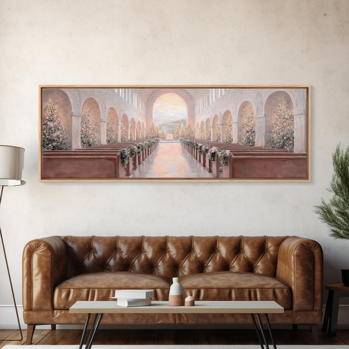 Winter Chapel Radiance, Framed Canvas Print, Christian Wall Art, Christian Art Canvas, Panoramic Art, Christmas Art, Christian Christmas De
