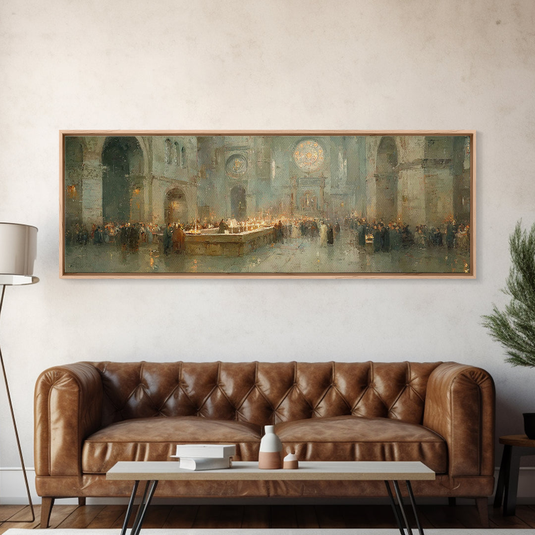 Gathered In Worship – Framed Canvas Print – Christian Wall Art – Panoramic Frame – Christmas Art – Christian Art Canvas – Christian Christm
