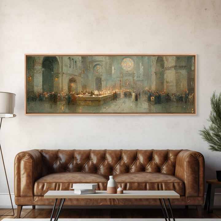 Gathered In Worship – Framed Canvas Print – Christian Wall Art – Panoramic Frame – Christmas Art – Christian Art Canvas – Christian Christm