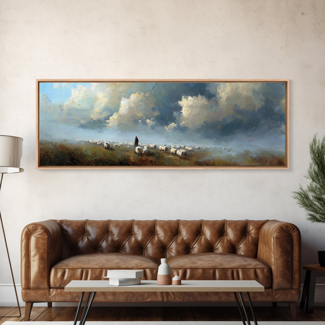 Morning Shepherd Light, Framed Canvas Print, Christian Wall Art, Panoramic Art, Jesus Painting, Modern Christian Art, Christmas Wall Art