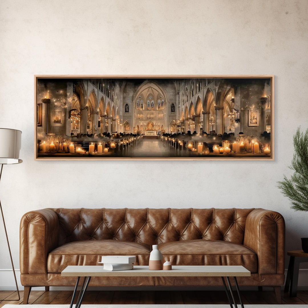 Cathedral Candle Vigil – Framed Canvas Print – Christian Wall Art – Panoramic Painting – Christian Christmas Art – Christian Art Canvas – C
