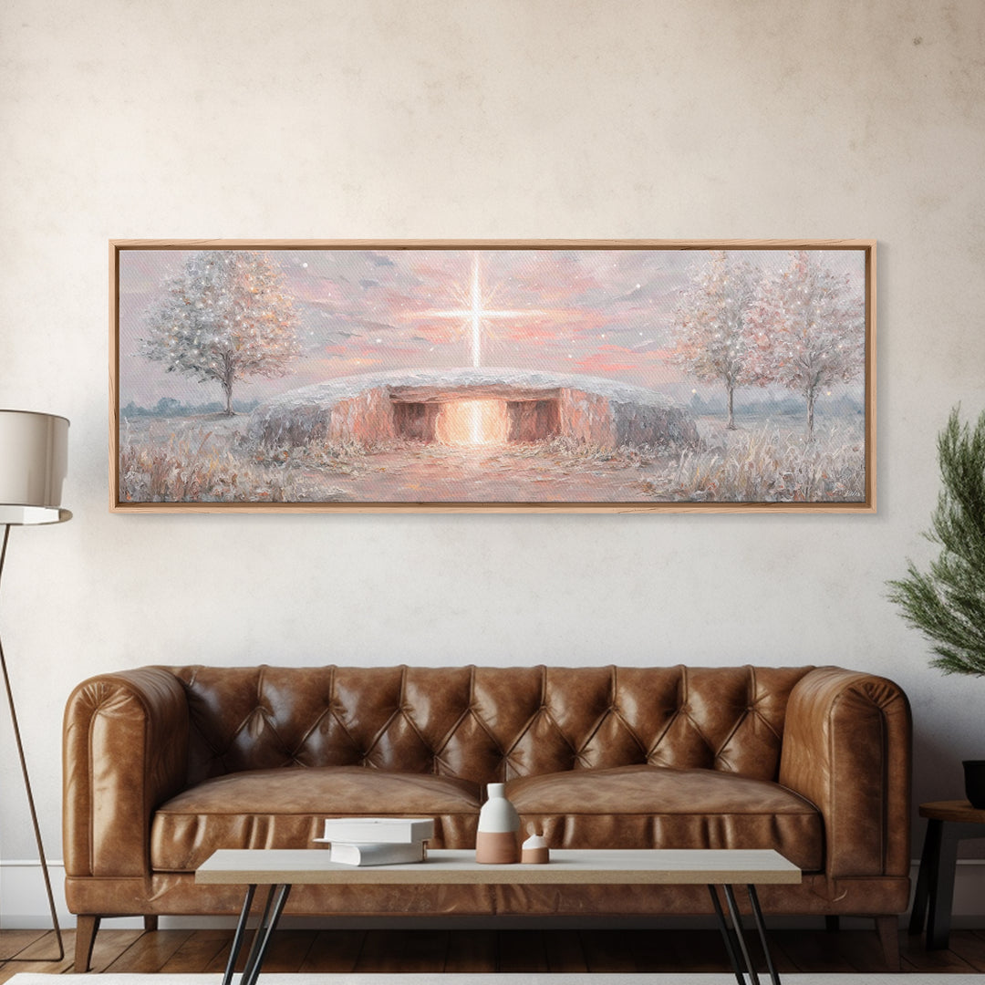 Radiant Dawn Cross, Framed Canvas Print, Christian Wall Art, Panoramic Painting, Christmas Art, Christian Art Canvas, Christian Decor