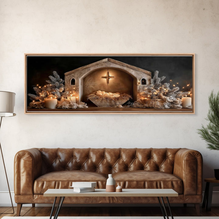 Holy Night Glow – Framed Canvas Print – Christian Wall Art – Panoramic Art – Christian Christmas Art – Christian Art Canvas – Christmas Art