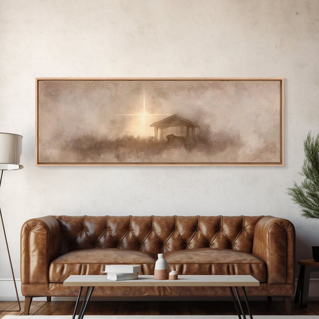 Silent Manger Light, Framed Canvas Print, Christian Christmas Art, Panoramic Art, Christian Wall Art, Christmas Canvas Wall Art, Christian