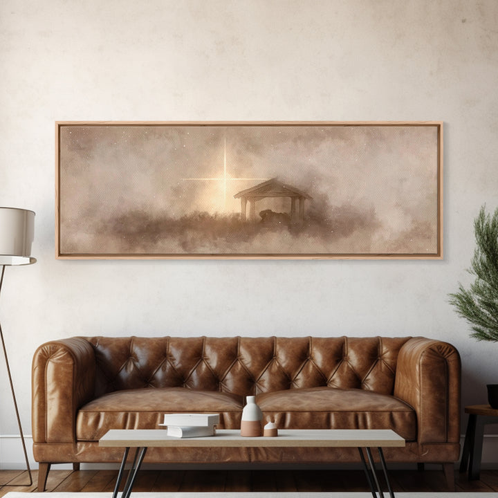 Silent Manger Light, Framed Canvas Print, Christian Christmas Art, Panoramic Art, Christian Wall Art, Christmas Canvas Wall Art, Christian