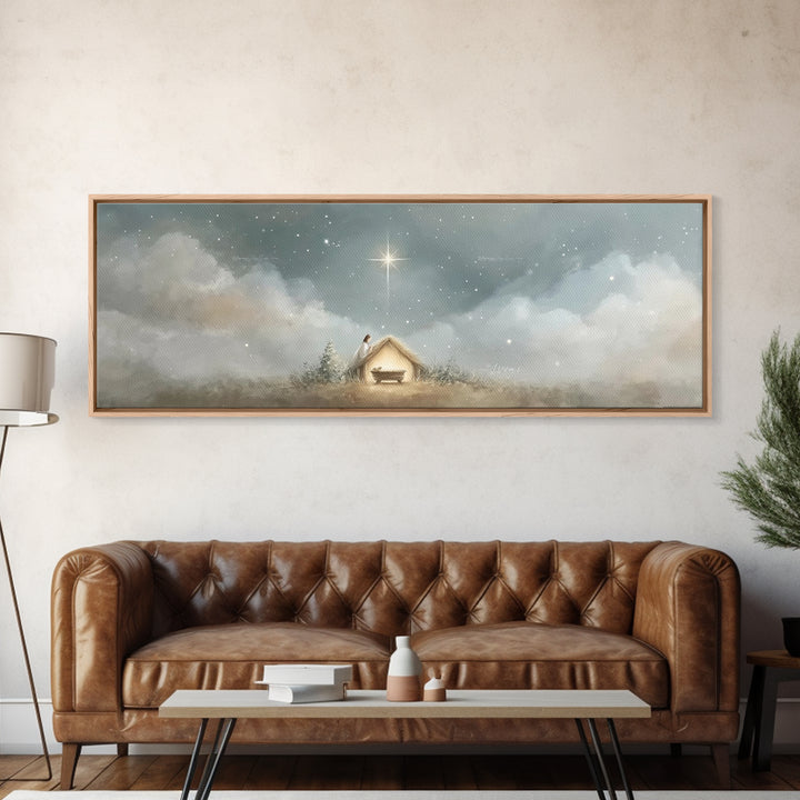 Manger Serenity, Framed Canvas Print, Christmas Art, Panoramic Wall Art, Christian Art Canvas, Christian Christmas Decor, Christian Paintin
