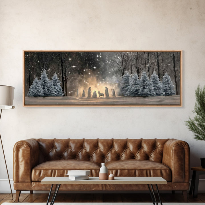 Midnight Nativity Glow – Framed Canvas Print – Christian Wall Art – Christian Art Canvas – Jesus Christmas Art – Panoramic Wall Art – Chris