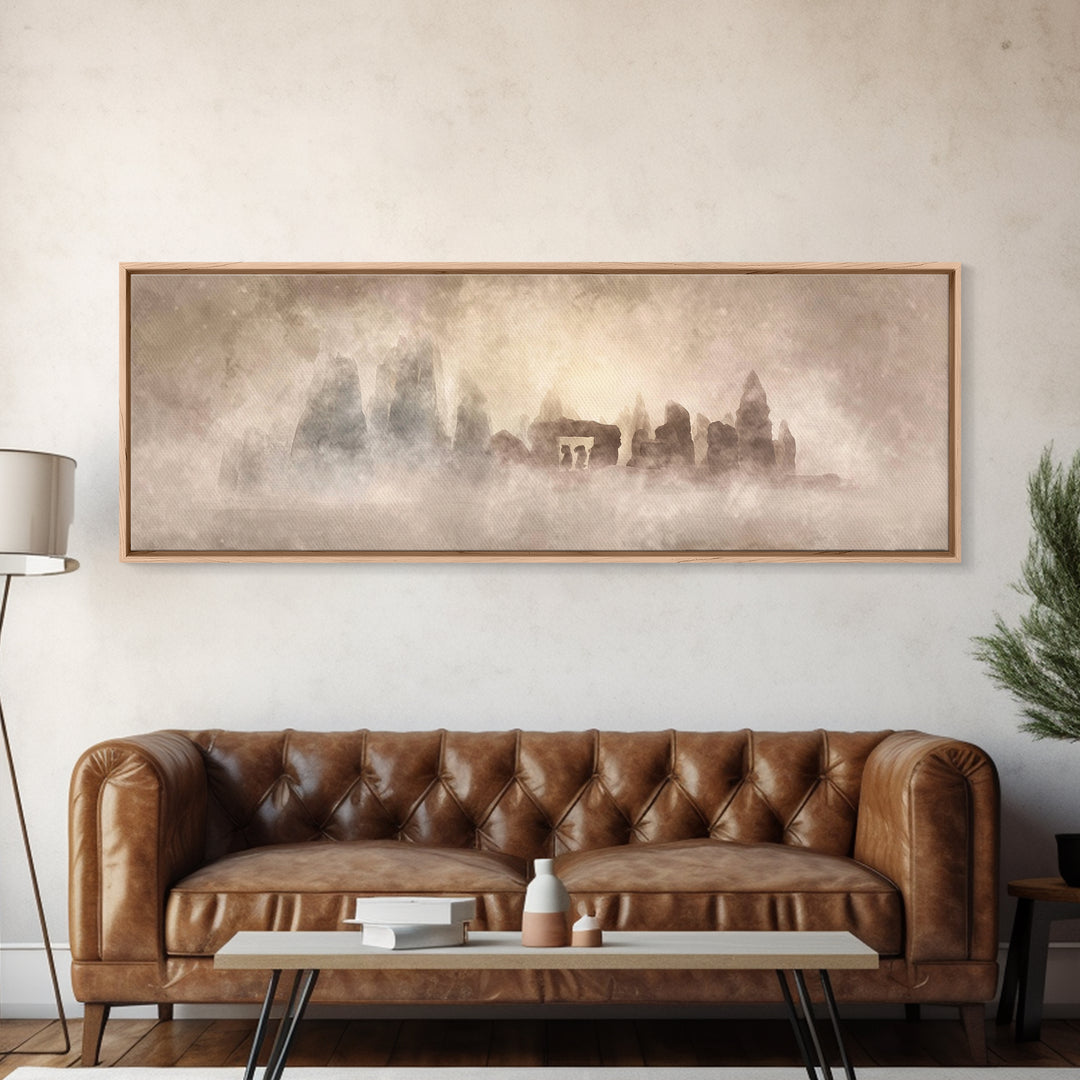 Misty Ancient Stones | Framed Canvas Print | Christian Art | Christian Painting | Minimalist Christian Art | Panoramic Art | Christian Wall