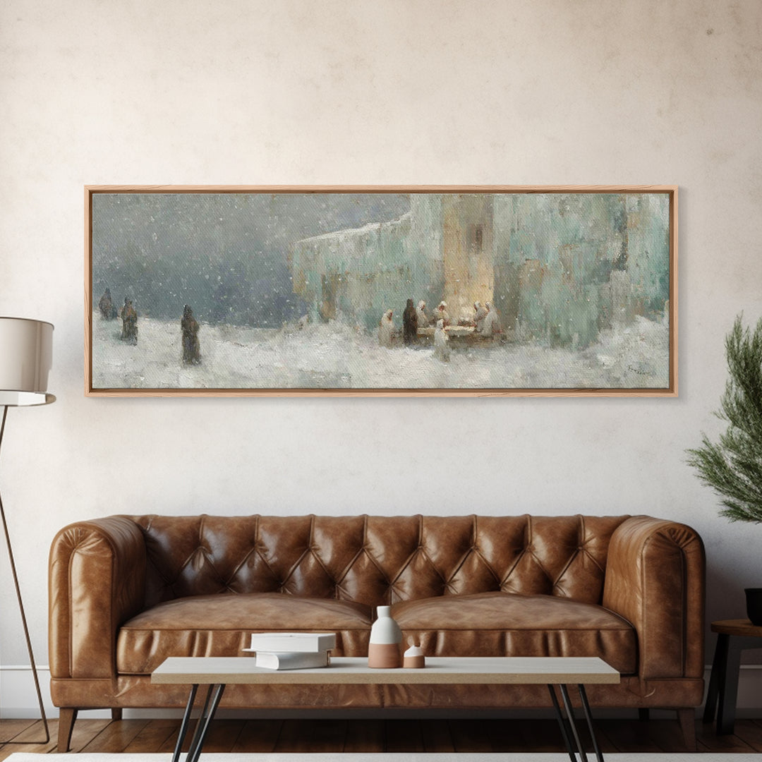 Winter Gathering Light, Framed Canvas Print, Christian Wall Art, Christian Art Canvas, Christmas Art Prints, Panoramic Painting, Christian