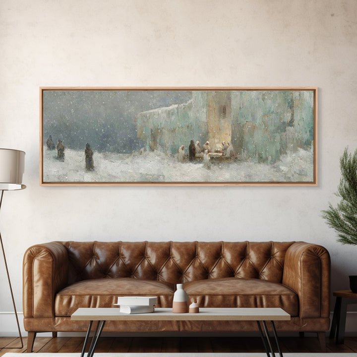 Winter Gathering Light, Framed Canvas Print, Christian Wall Art, Christian Art Canvas, Christmas Art Prints, Panoramic Painting, Christian